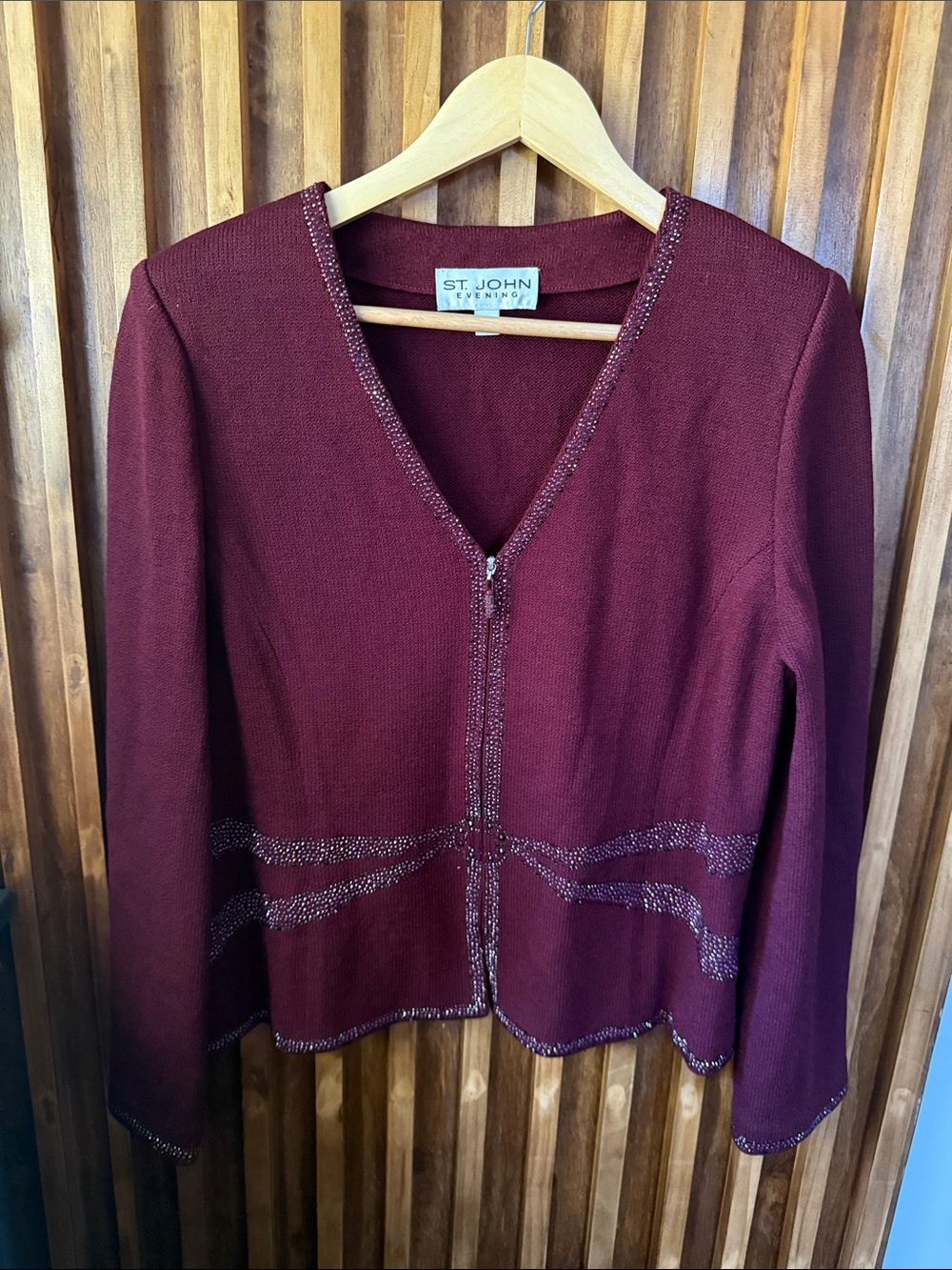 St. John Evening Classic Santana Maroon Knit Zip Front Cardigan Jacket. 10